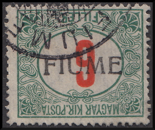 Fiume231 - 1918 - Matasellos fiscales húngaros con 6 rellenos rojos y verdes con sobreimpresión manual FIUME de tipo IV al revés, usado (7/IVa).