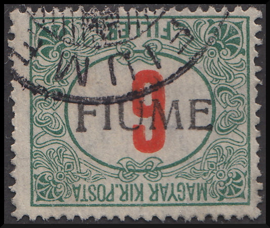 Fiume231 - 1918 - Hungarian tax postmarks 6 red and green fillers with FIUME hand overprint of type IV upside down, used (7/IVa).