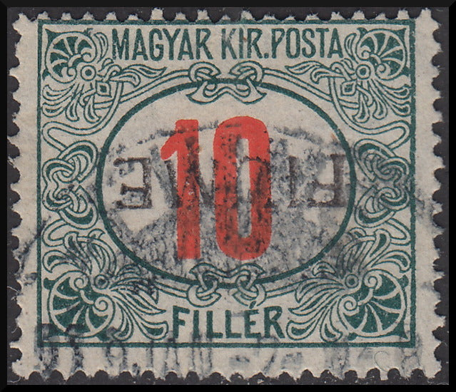 Fiume232 - 1918 - Matasellos fiscales húngaros con 10 rellenos rojos y verdes con sobreimpresión manual FIUME de tipo IV al revés, usado (8/IVa).