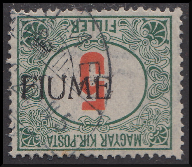 Fiume237 - 1918 - Segnatasse d'Ungheria 5 filler verde e rosso con soprastampa a macchina della II tiratura capovolta e fortemente spostata a sinistra usato (6aaa)