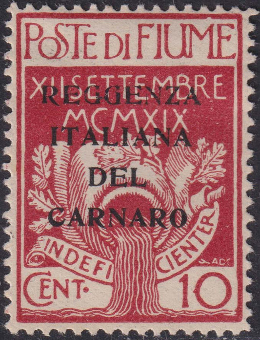 Fiume255 - 1920 - Legionari di Fiume con soprastampa REGGENZA ITALIANA DEL CARNARO di prova, c. 10 carminio nuovo con gomma originale (P134)