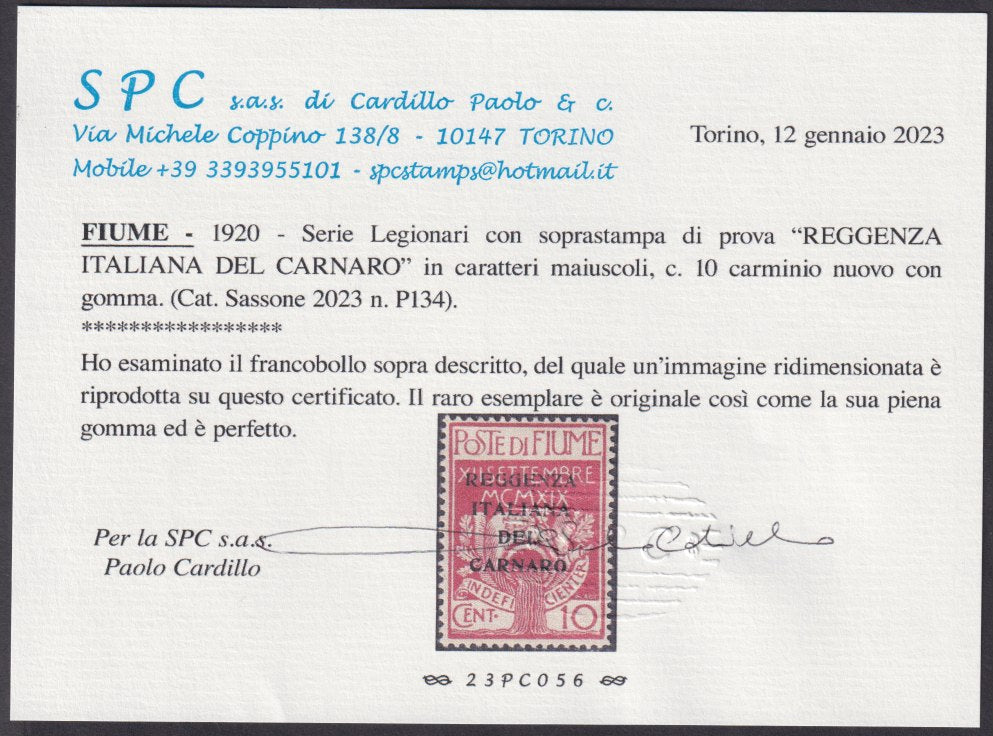 Fiume255 - 1920 - Legionari di Fiume con soprastampa REGGENZA ITALIANA DEL CARNARO di prova, c. 10 carminio nuovo con gomma originale (P134)
