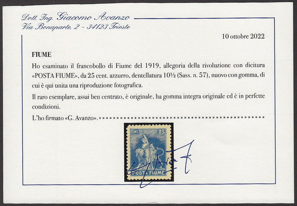 Fiume267 - 1919 - Allegorie, tassello Posta Fiume, c. 25 azzurro dentellatura 10 1/2 nuovo con gomma integra (57)