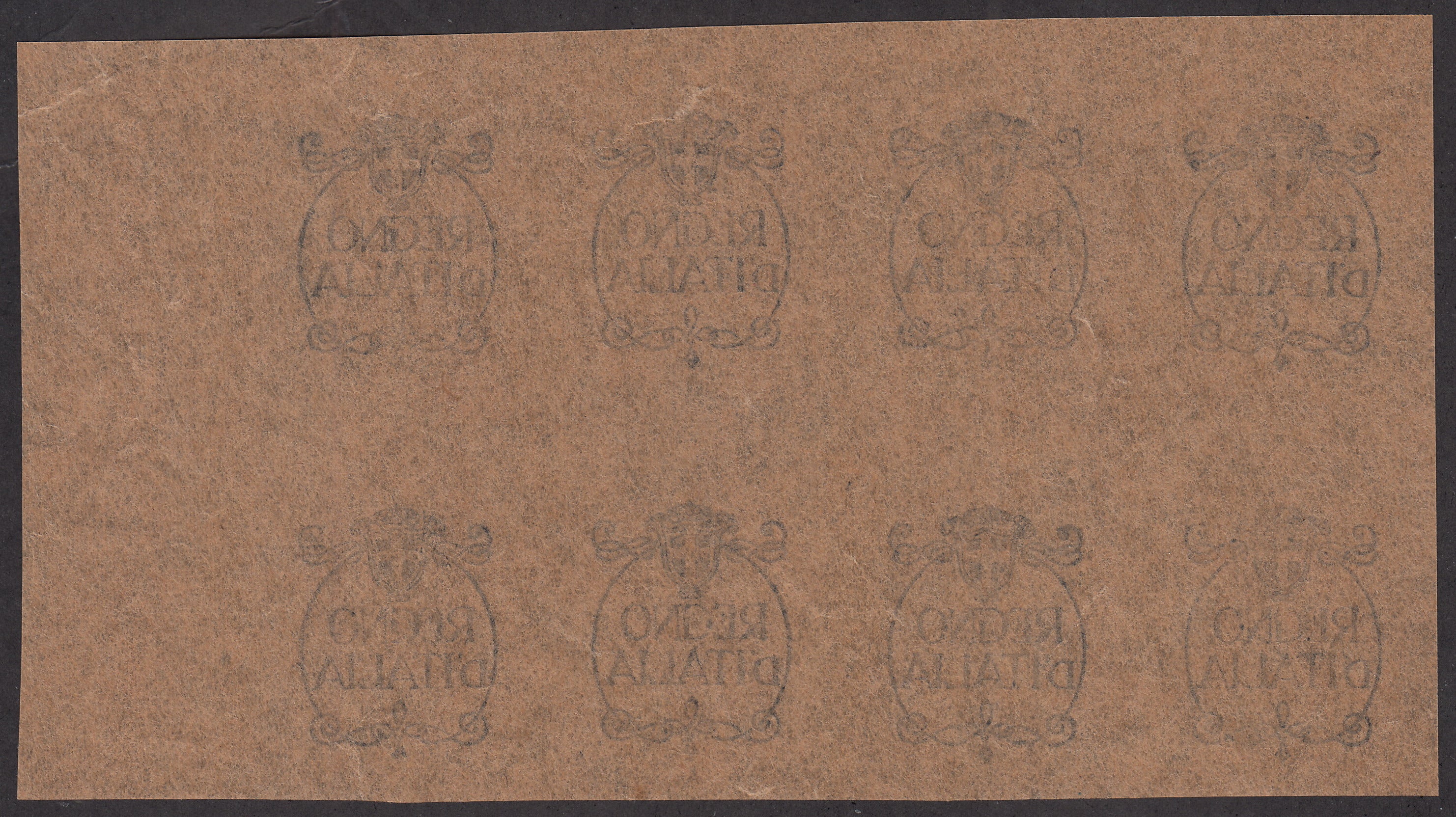 Fiume269 - 1924 - San Vito e soggetti vari, prova di soprastampa su carta sottile e semitrasparente giallo bruno, blocco di otto esmeplari nuovi integri (Prova)