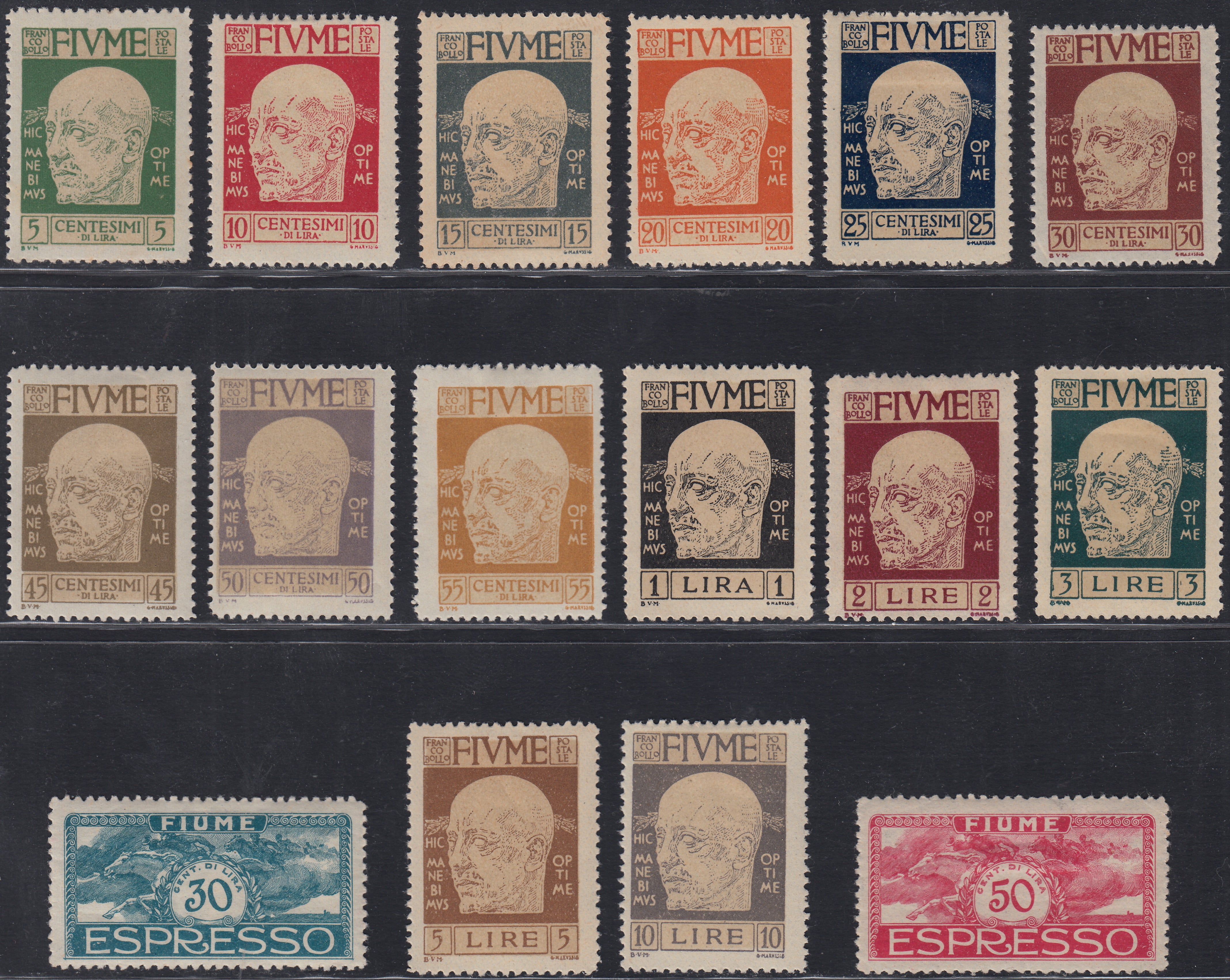 Fiume300 - 1920 - Effigie di d'Annunzio e Cavalieri, serie di 14 valori + 2 espressi nuova con gomma originale (113/126 + E1/2)
