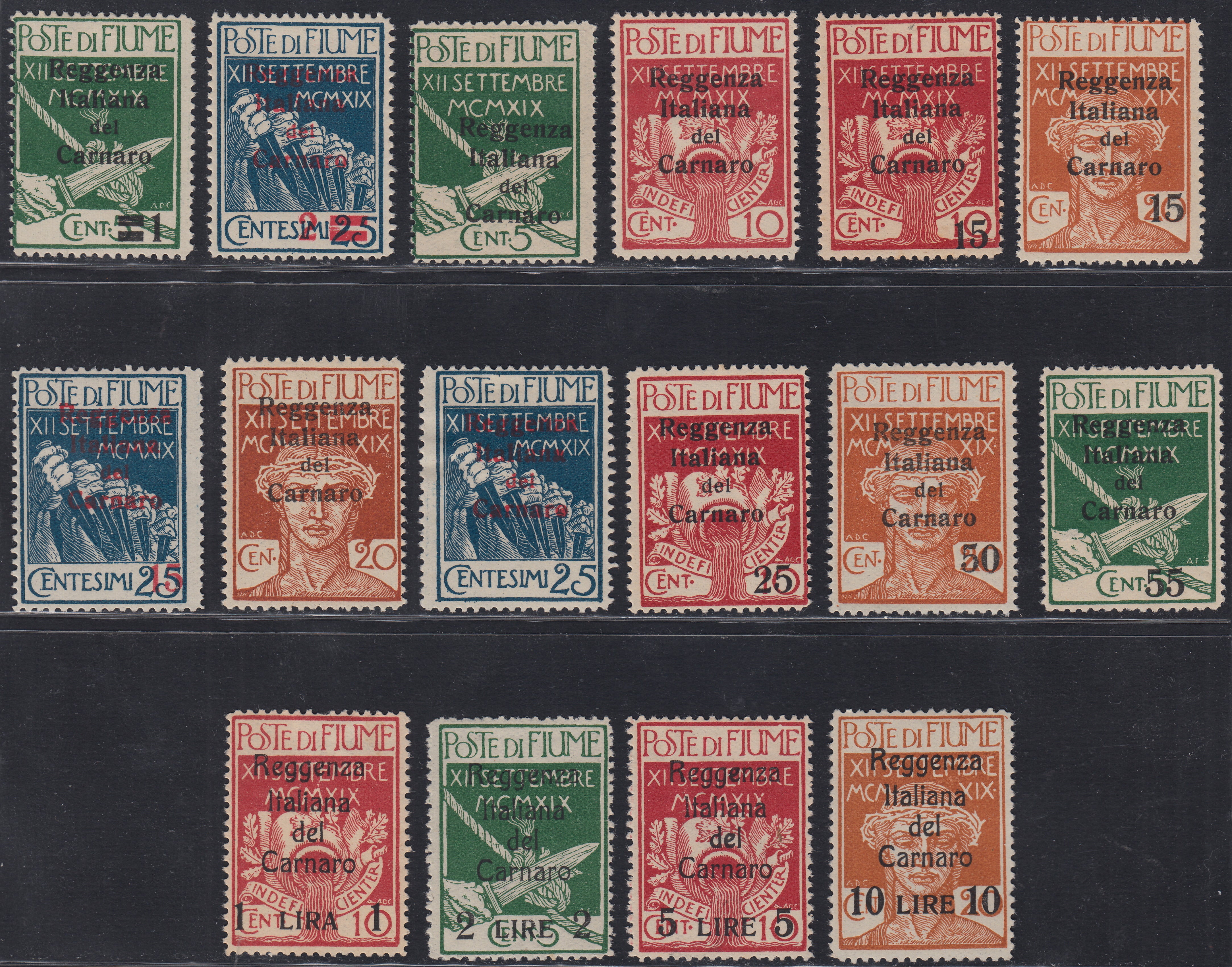 Fiume305 - 1920 - Legionari di Fiume soprastampati Reggenza Italiana del Carnaro, serie di 16 valori nuovi con gomma originale (131/146)