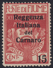 Fiume308 - 1920 - Legionari soprastampati Reggenza Italiana del Carnaro, 15 su 10c. rosa nuovo con gomma (135a)