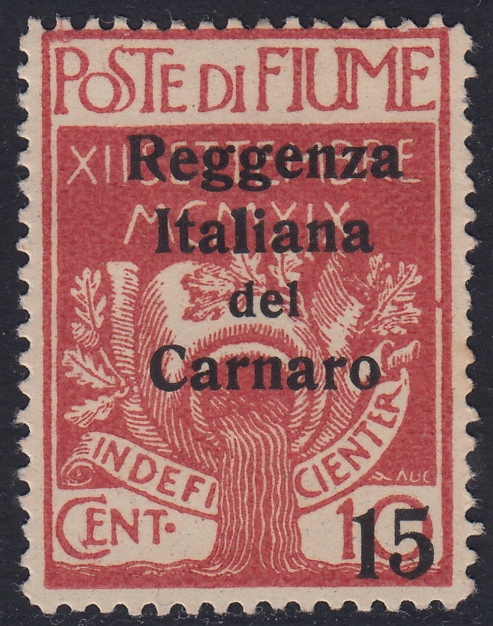 Fiume308 - 1920 - Legionari soprastampati Reggenza Italiana del Carnaro, 15 su 10c. rosa nuovo con gomma (135a)