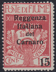 Fiume309 - 1920 - Legionari soprastampati Reggenza Italiana del Carnaro, 15 su 10c. rosa nuovo con gomma (135a)