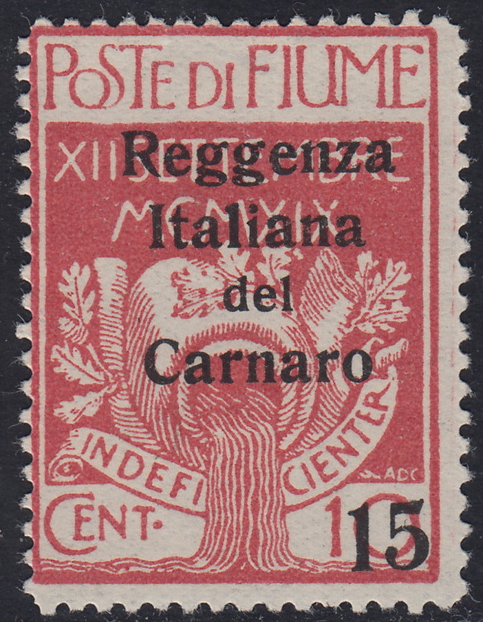 Fiume309 - 1920 - Legionari soprastampati Reggenza Italiana del Carnaro, 15 su 10c. rosa nuovo con gomma (135a)