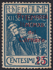 Fiume310 - 1920 - Legionari soprastampati Reggenza Italiana del Carnaro, 15 su 25c. azzurro nuovo con gomma (137a)