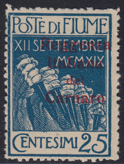 Fiume311 - 1920 - Legionari soprastampati Reggenza Italiana del Carnaro, 25c. azzurro nuovo con gomma (139a)