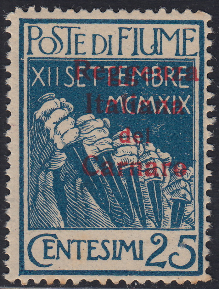 Fiume312 - 1920 - Legionari soprastampati Reggenza Italiana del Carnaro, 25c. azzurro nuovo con gomma (139a)