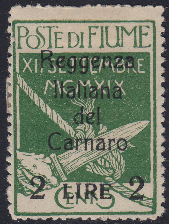 Fiume313 - 1920 - Legionari soprastampati Reggenza Italiana del Carnaro, 2L. su c.5 verde giallo nuovo con gomma (144a)