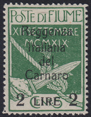 Fiume314 - 1920 - Legionari soprastampati Reggenza Italiana del Carnaro, 2L. su c.5 verde giallo nuovo con gomma (144a)