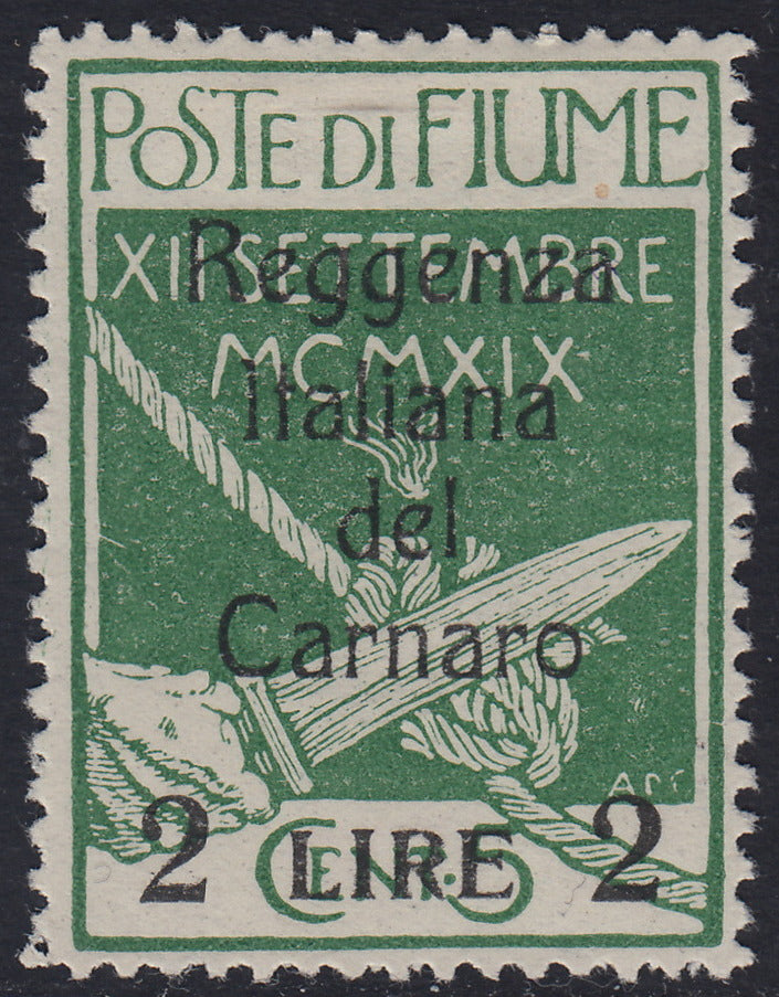 Fiume314 - 1920 - Legionari soprastampati Reggenza Italiana del Carnaro, 2L. su c.5 verde giallo nuovo con gomma (144a)