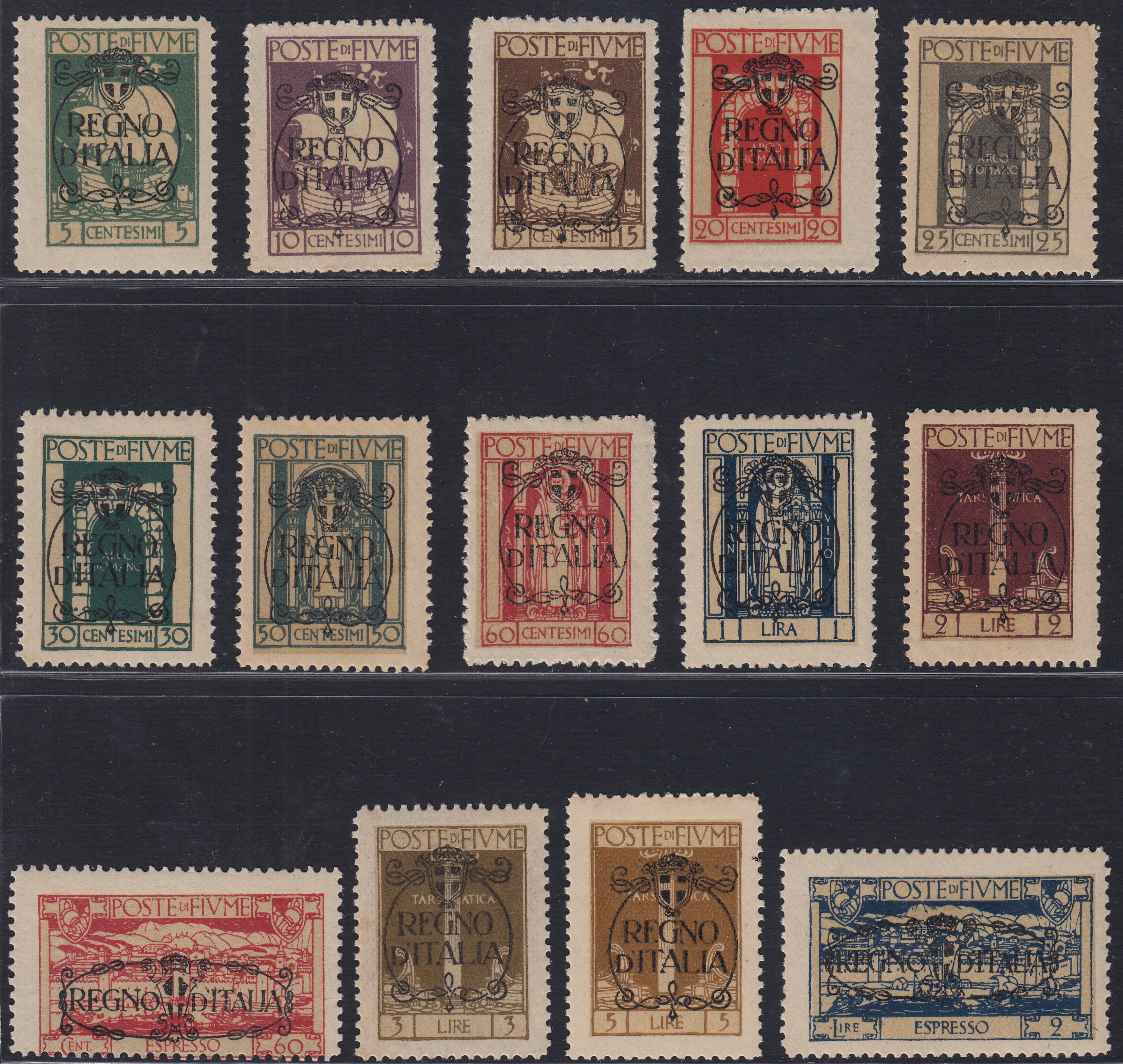 Fiume330 - 1924 - San Vito e soggetti vari, serie completa di 12 valori + 2 espressi con soprastampa "Regno d'Italia" nuova con gomma originale (202/213 + E9/10)