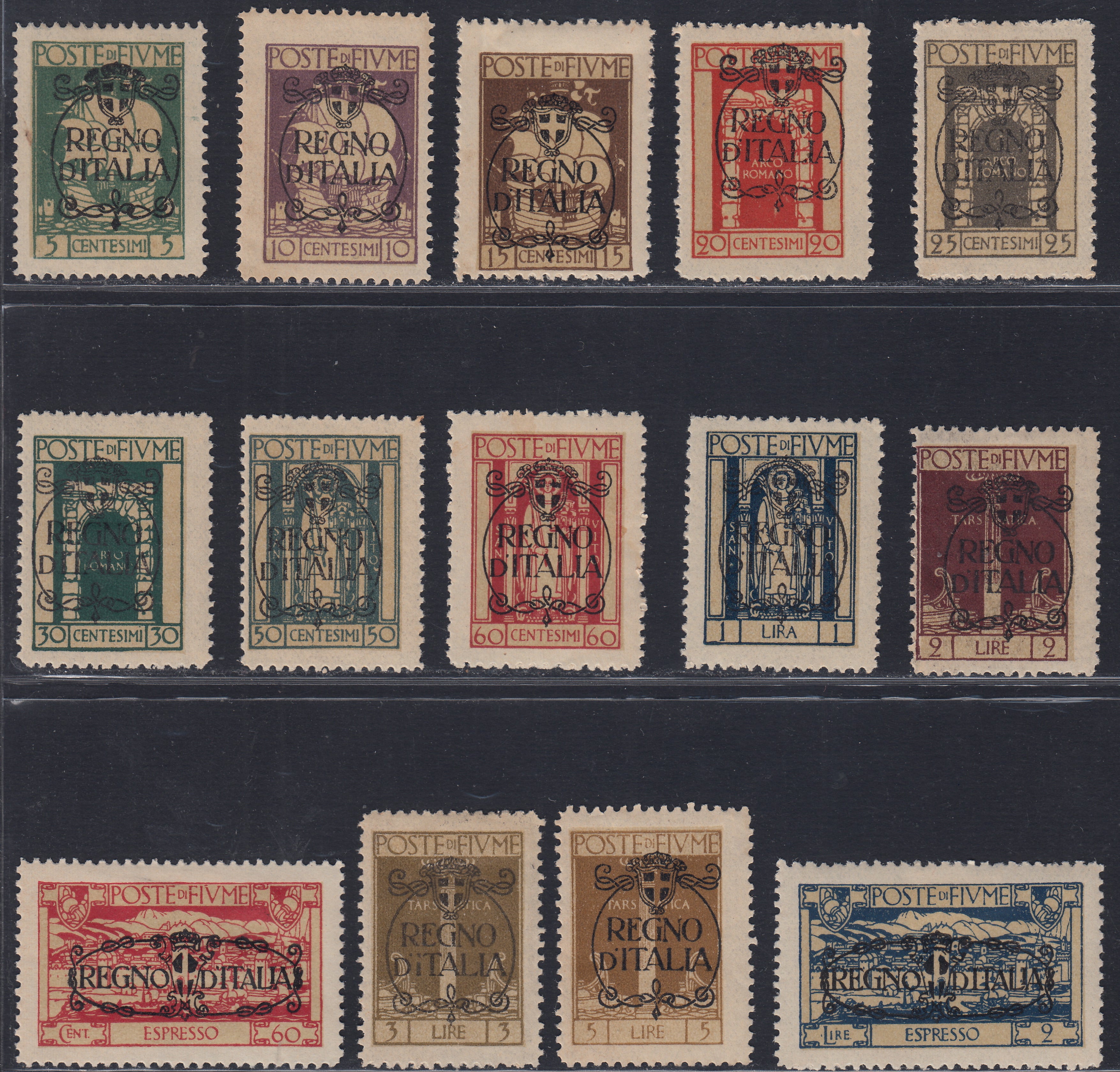 Fiume331 - 1924 - San Vito e soggetti vari, serie completa di 12 valori + 2 espressi con soprastampa "Regno d'Italia" nuova con gomma originale (202/213 + E9/10)
