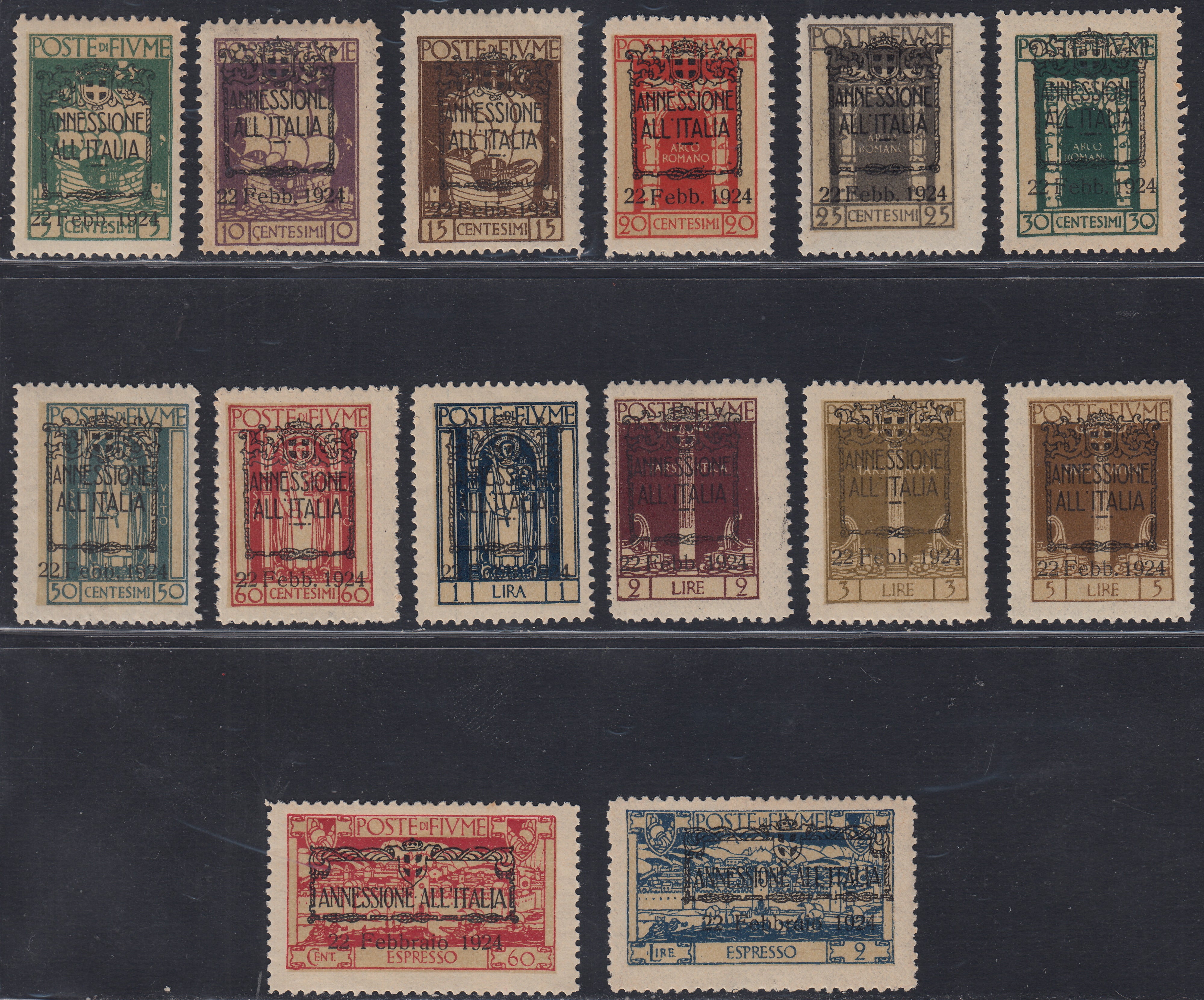 Fiume332 - 1924 - San Vito e soggetti vari, serie completa di 12 valori + 2 espressi con soprastampa Annessione All'Italia" nuova con gomma originale (214/225 + E11/E12)