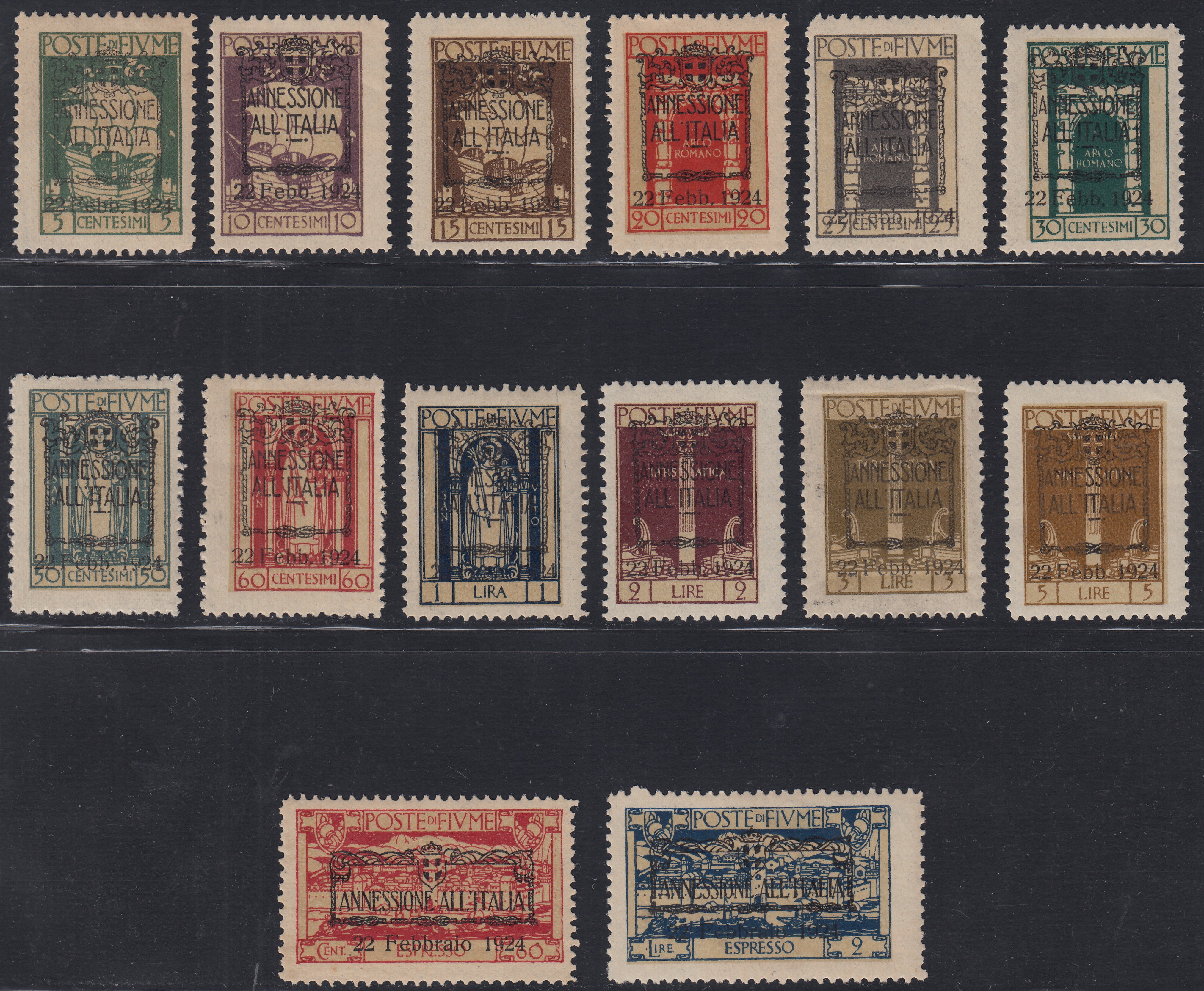 Fiume333 - 1924 - San Vito e soggetti vari, serie completa di 12 valori + 2 espressi con soprastampa Annessione All'Italia" nuova con gomma originale (214/225 + E11/E12)