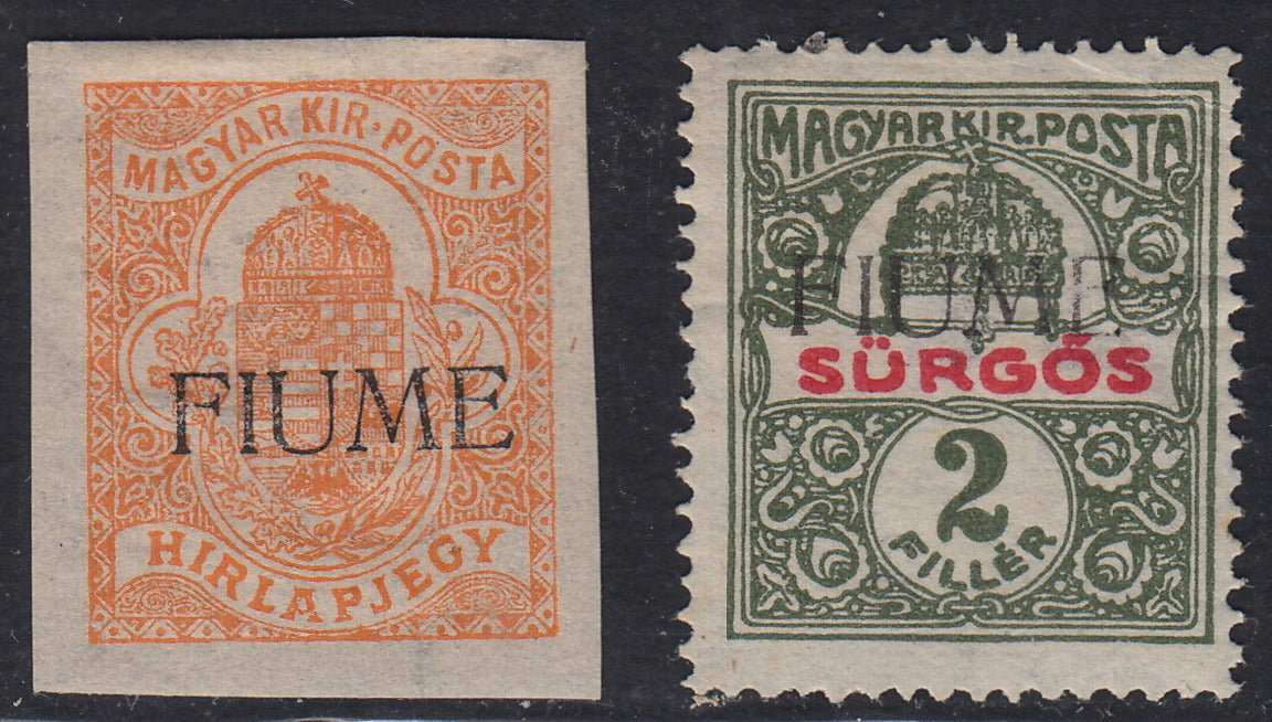 Fiume334 - 1918/19 - Francobolli per giornali 2f. arancio e 2f. oliva e rosso nuovi con gomma originale (1, 2)