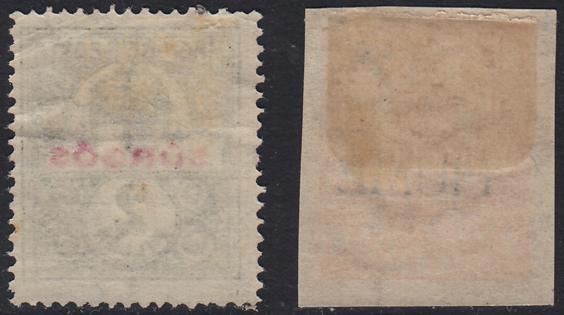 Fiume334 - 1918/19 - Francobolli per giornali 2f. arancio e 2f. oliva e rosso nuovi con gomma originale (1, 2)