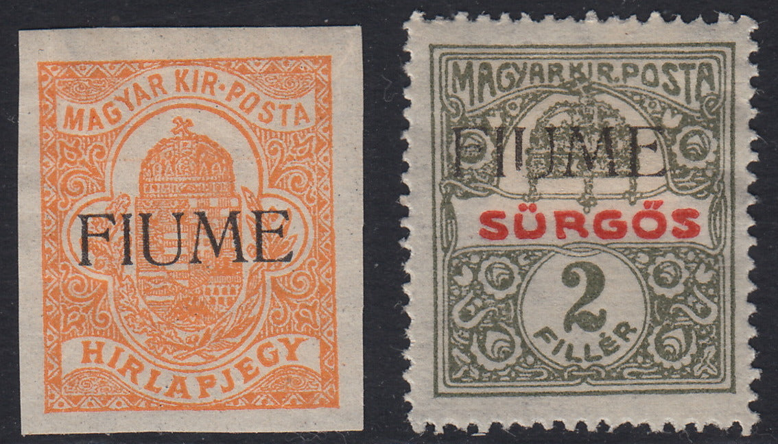 Fiume335 - 1918/19 - Francobolli per giornali 2f. arancio e 2f. oliva e rosso nuovi con gomma originale (1, 2)