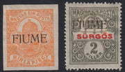 Fiume335 - 1918/19 - Francobolli per giornali 2f. arancio e 2f. oliva e rosso nuovi con gomma originale (1, 2)