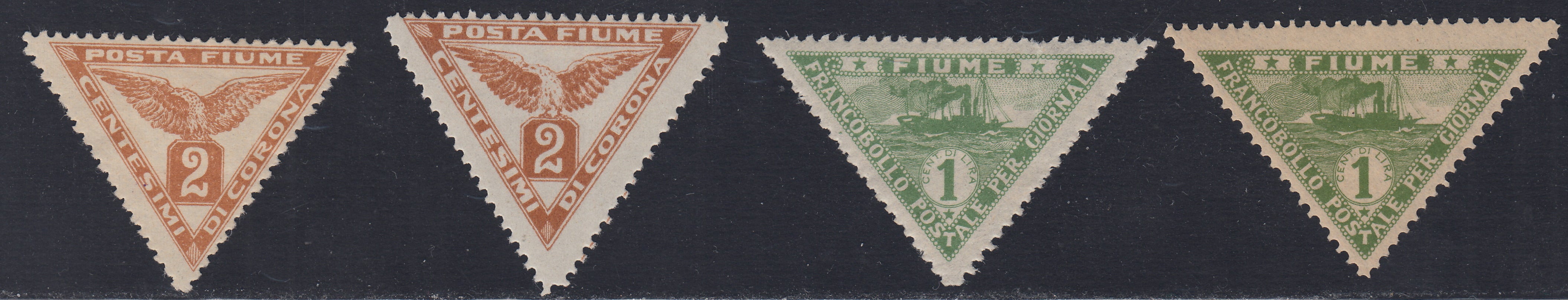 Fiume335 - 1919/20 - Francobolli per giornali formato triangolare, 2c. giallo bruno I e Ii tipo e 1c. verde oliva I e II tipo nuovi con gomma originale (3/5+5A)