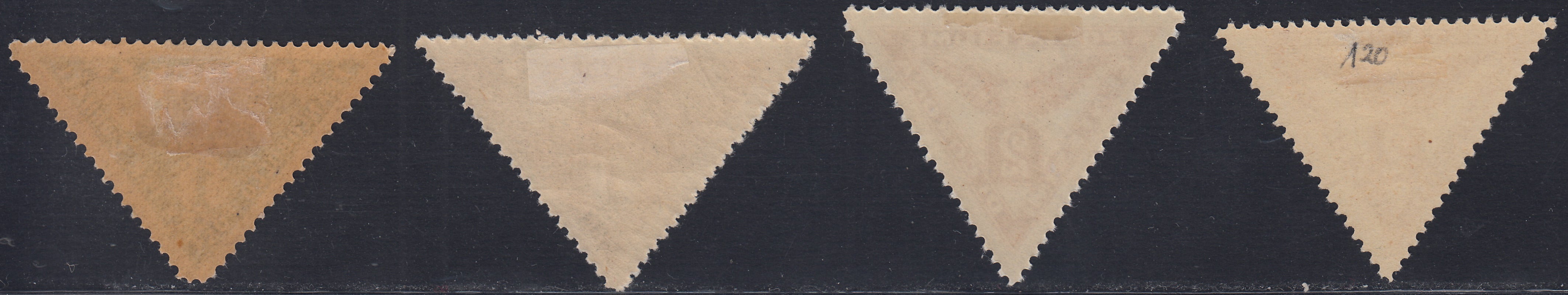 Fiume337 - 1919/20 - Francobolli per giornali formato triangolare, 2c. giallo bruno I e Ii tipo e 1c. verde oliva I e II tipo nuovi con gomma originale (3/5+5A)