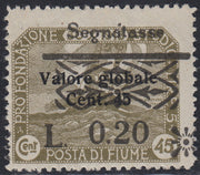 Fiume343 - Francobolli Pro Fondazione Studio soprastampati Valore Globale in caratteri picoli e neretto e Segnatasse, 0,20, 0,60 e 0,80 su oliva, nuovi con gomma  (36/38)