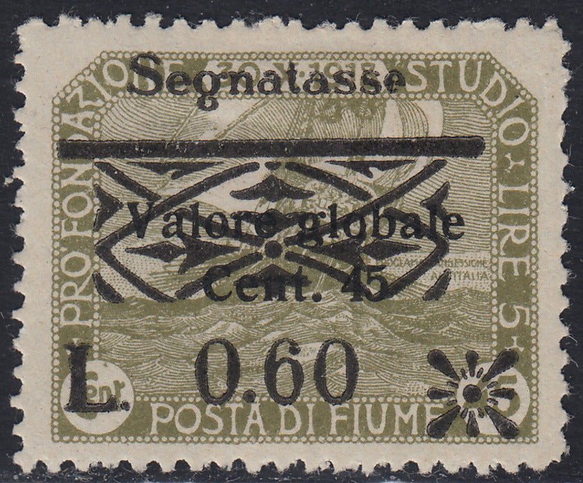 Fiume343 - Francobolli Pro Fondazione Studio soprastampati Valore Globale in caratteri picoli e neretto e Segnatasse, 0,20, 0,60 e 0,80 su oliva, nuovi con gomma  (36/38)