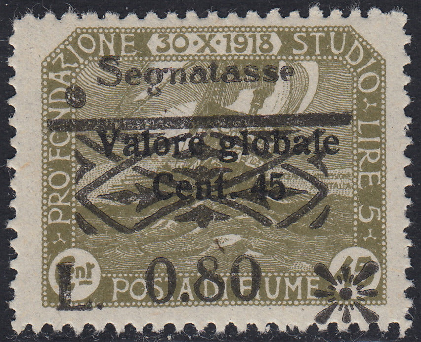 Fiume343 - Francobolli Pro Fondazione Studio soprastampati Valore Globale in caratteri picoli e neretto e Segnatasse, 0,20, 0,60 e 0,80 su oliva, nuovi con gomma  (36/38)