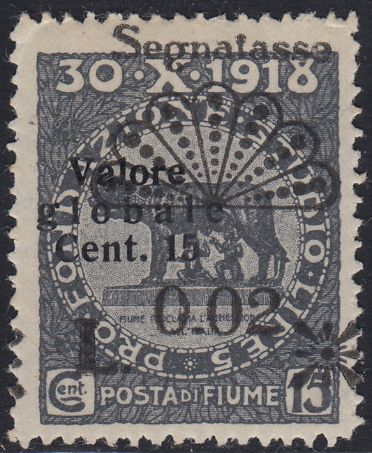 Fiume346 - Overprinted Pro Fondazione Studio stamps, 2.c. on 15c. grey, new colour, new with rubber (25/I)