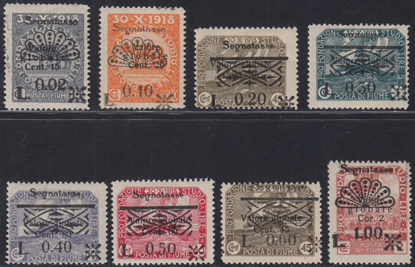 Fiume347 - Pro Fondazione Studio stamps overprinted Global Value and Tax Postage, 1921 series new with rubber (15, 18/24)