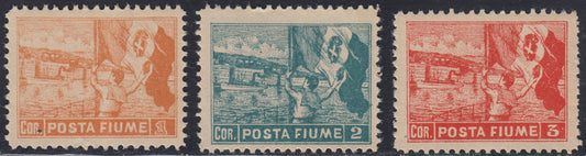 FIume353 - Allegories and Views, series with "Posta Fiume" tile 1C. orange brown + 2C. light blue + 3C. vermilion perforation 11 1/2 unissued, new with intact gum (58/60)