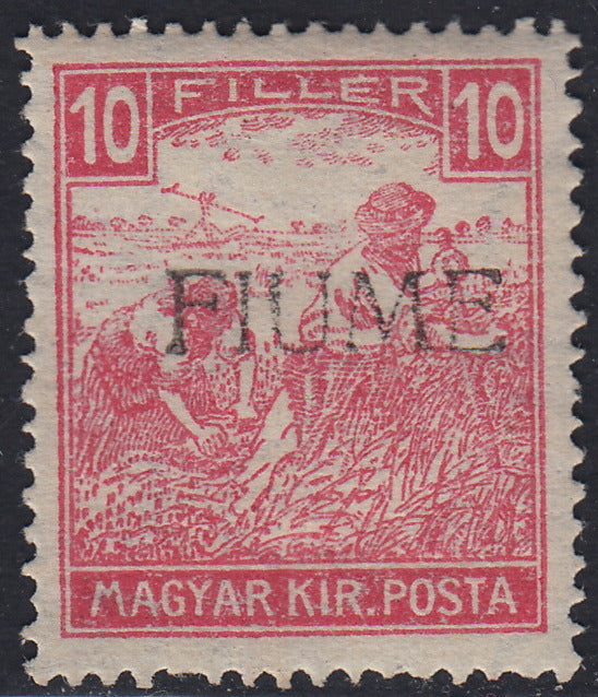 Fiume378 - 1918 - Francobollo di Ungheria 10 filler carminio cifre bianche con soprastampa a mano del II tipo nuovo con gomma integra (22/IIa)