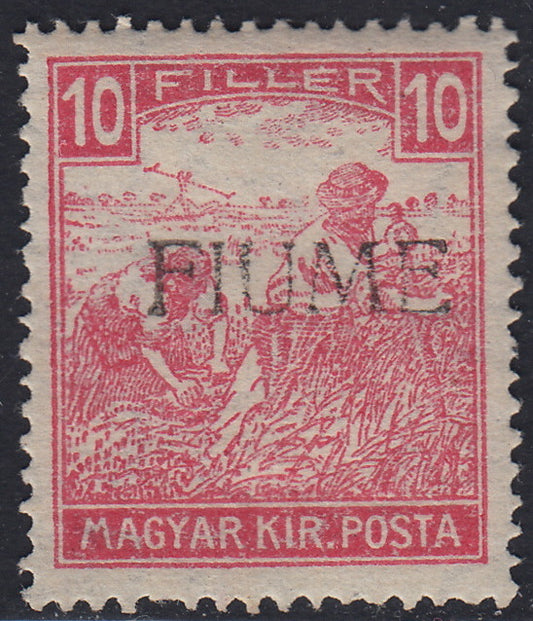 Fiume378 - 1918 - Francobollo di Ungheria 10 filler carminio cifre bianche con soprastampa a mano del II tipo nuovo con gomma integra (22/IIa)