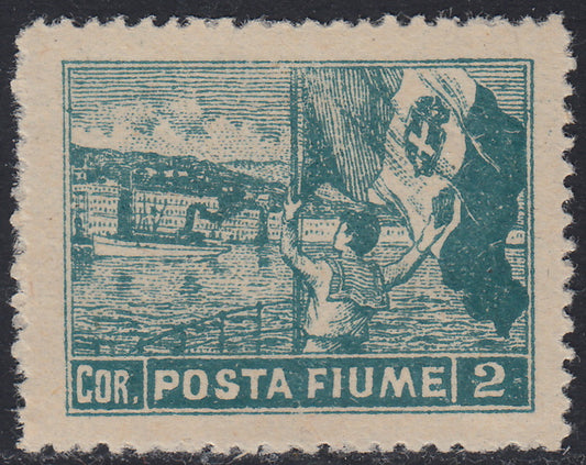 FIUME393 - 1919 - Francobollo Allegorie con dicitura "Posta Fiume" 2 corone azzurro con varietà di dentellatura 12 1/4 x 13 1/4 nuovo con gomma originale (59/II)