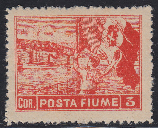 FIUME394 - 1919 - Francobollo Allegorie con dicitura "Posta Fiume" 3 corone vermiglio con varietà di dentellatura 12 1/4 x 13 1/4 nuovo con gomma originale (60/II)