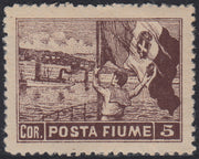 FIUME395 - 1919 - Francobollo Allegorie con dicitura "Posta Fiume" 5 corone bruno con varietà di dentellatura 12 1/4 x 13 1/4 nuovo con gomma originale (61/II)