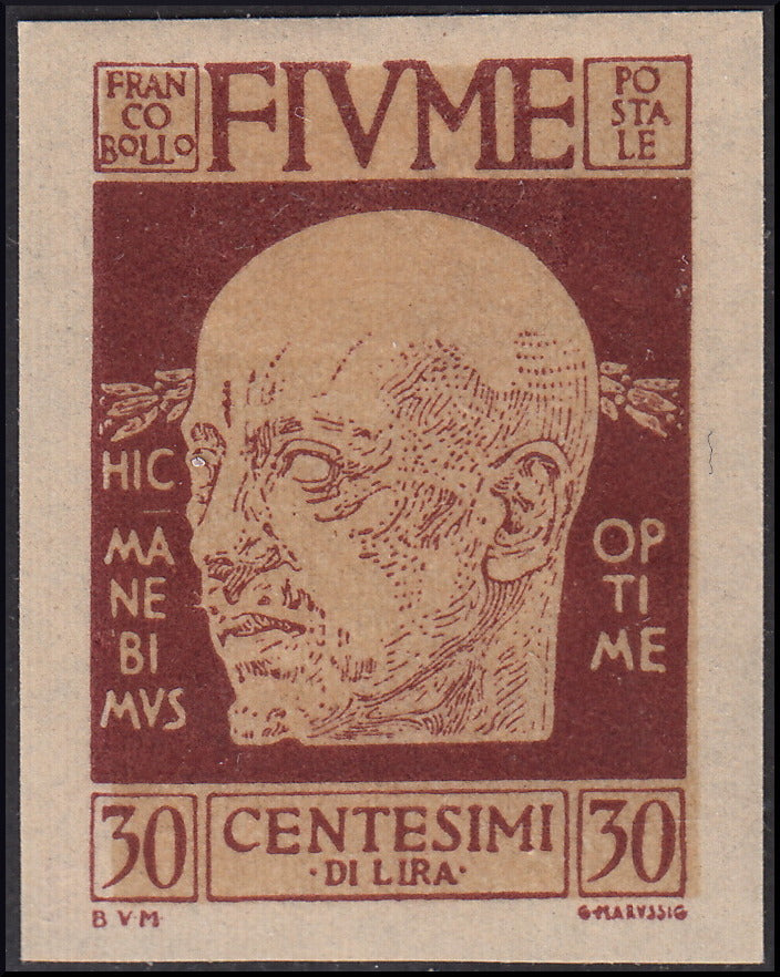 Fiume3 - 1920 - Effigie di Gabriele d'Annunzio c.30 bruno rosso NON dentellato e con decalco, nuovo con gomma (118k)