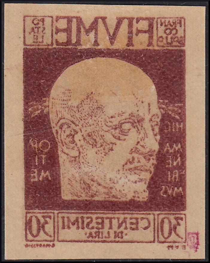 Fiume3 - 1920 - Effigie di Gabriele d'Annunzio c.30 bruno rosso NON dentellato e con decalco, nuovo con gomma (118k)