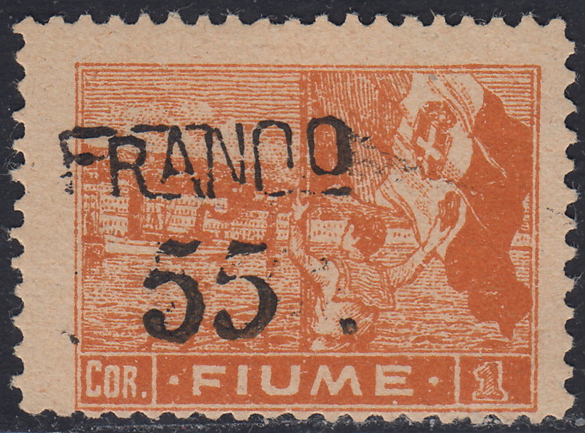 Fiume479 - 1919 - Plebiscite overprinted by hand with new value, c. 55 on 1 aranium crown, used type "A" paper (A83).