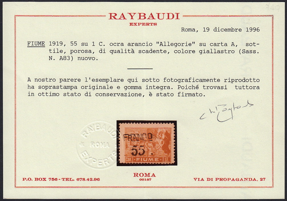 Fiume479 - 1919 - Plebiscite overprinted by hand with new value, c. 55 on 1 aranium crown, used type "A" paper (A83).