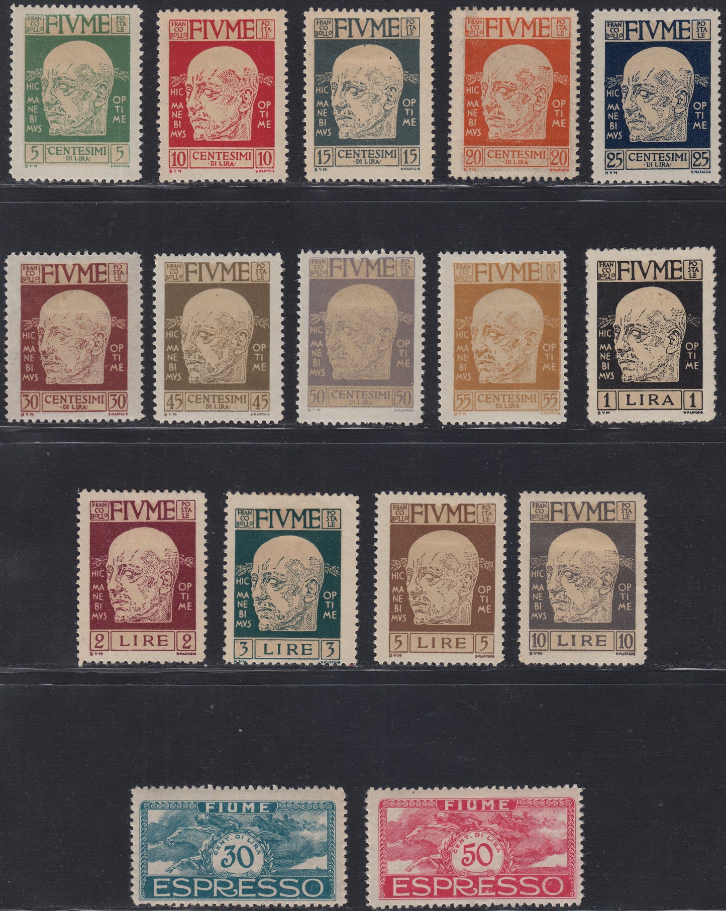 Fiume412 - Effigy of Gabriele d'Annunzio complete set of 14 stamps + 2 new espressos with original rubber (113/126 + E1/2) 