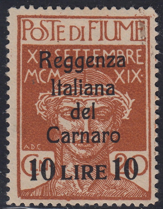 Fiume416 - Legionaries of Fiume overprinted Italian Regency of Carnaro, LIre 10 on cent. 20 new "close digits" varieties with original rubber (146A)