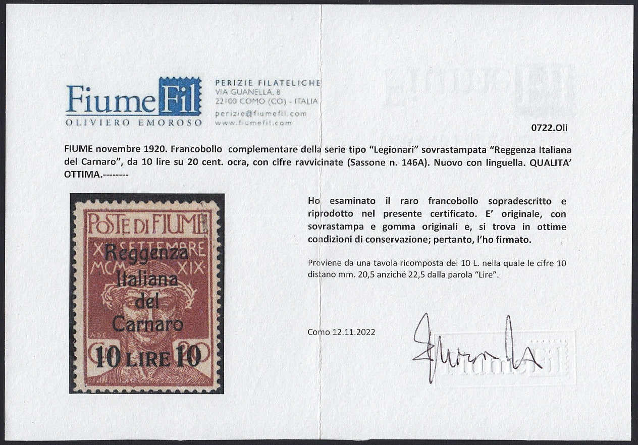 Fiume416 - Legionaries of Fiume overprinted Italian Regency of Carnaro, LIre 10 on cent. 20 new "close digits" varieties with original rubber (146A)