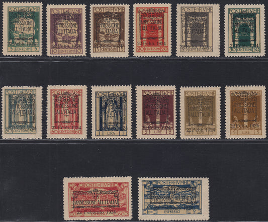 Fiume426 - San Vito and various subjects, complete set of 12 stamps + 2 express overprint ANNEXATION TO ITALY new with original rubber (214/225 + E11/12) 