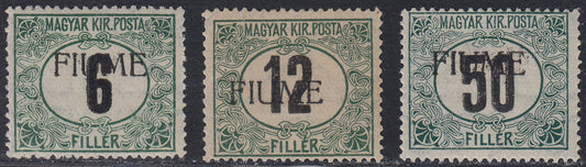 Fiume427 - Black and green Hungarian tax postmarks, "C" watermark, FIUME machine overprint, series of three issued values, new with intact gum (C1/C3)